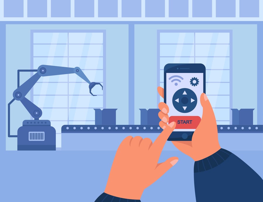 Hands holding smartphone and managing conveyor through app