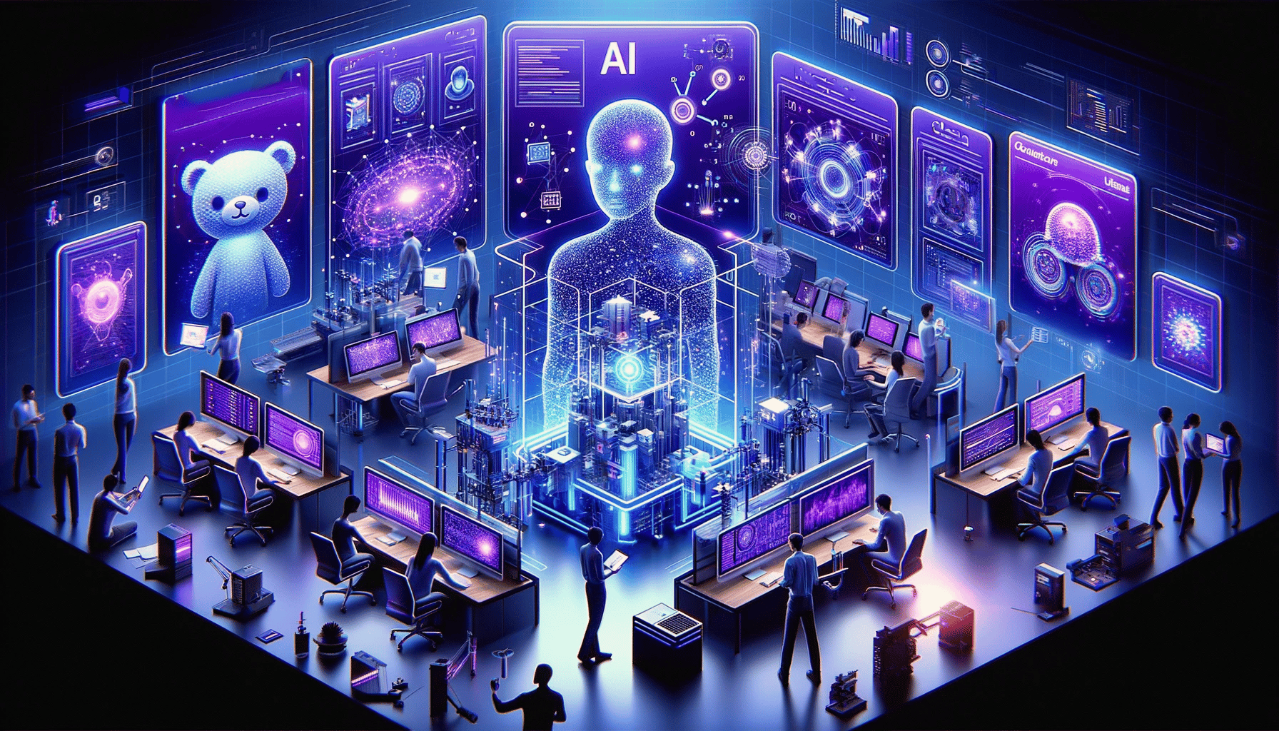 a modern, high-tech environment in shades of purple and blue, representing the expertise of Mactores in AI. Visualize teams
